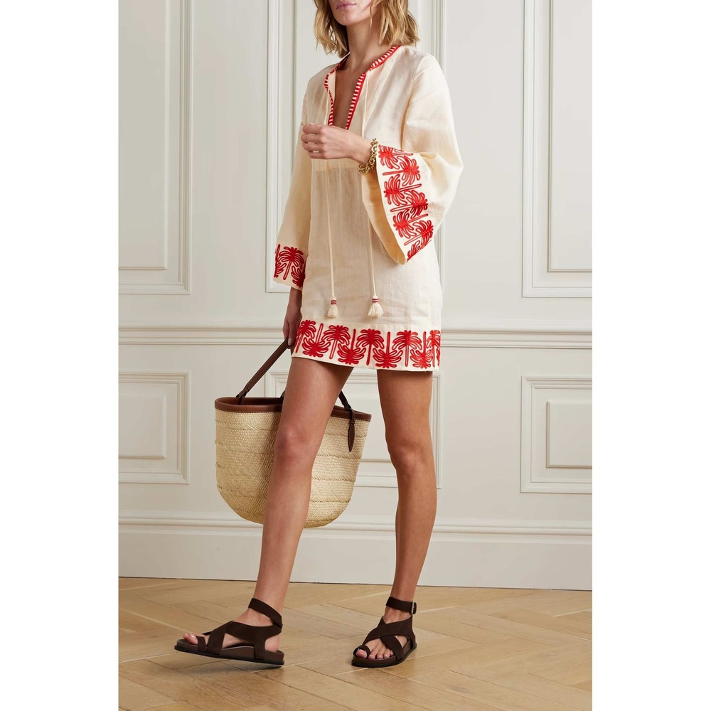 Johanna Ortiz Ocean Clan Mini Tunic Dress‎ Embroidered Palm Print Ivory Size 2